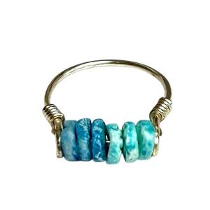 Hand Crafted Blue Heishi Stone Silver Tone Copper Wire Line Ring Size 6 NEW